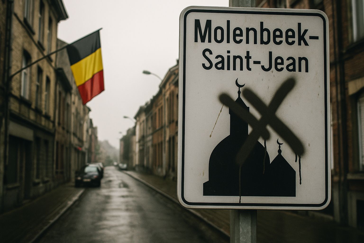 Photographie d’un panneau d’entrée de Molenbeek-Saint-Jean tagué d’une croix noire sur le symbole d’une mosquée, avec un drapeau belge flottant à l’arrière-plan