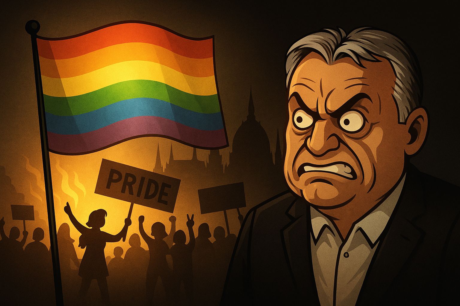 Viktor Orbán en colère face à la Pride de Budapest, symbole du choc entre valeurs conservatrices et revendications LGBT en Hongrie.