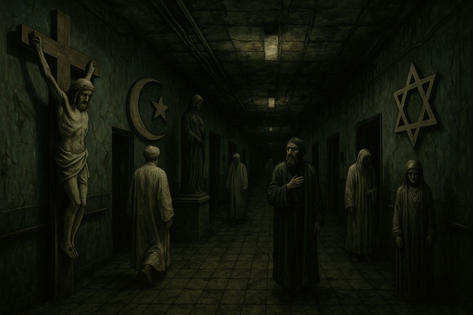 Couloir d’hôpital psychiatrique avec symboles religieux et figures errantes.