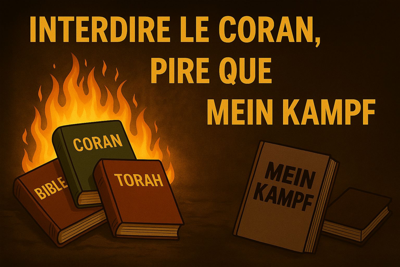 Illustration symbolique de trois livres : la Bible, le Coran, la Torah, posés sur une balance face à Mein Kampf.