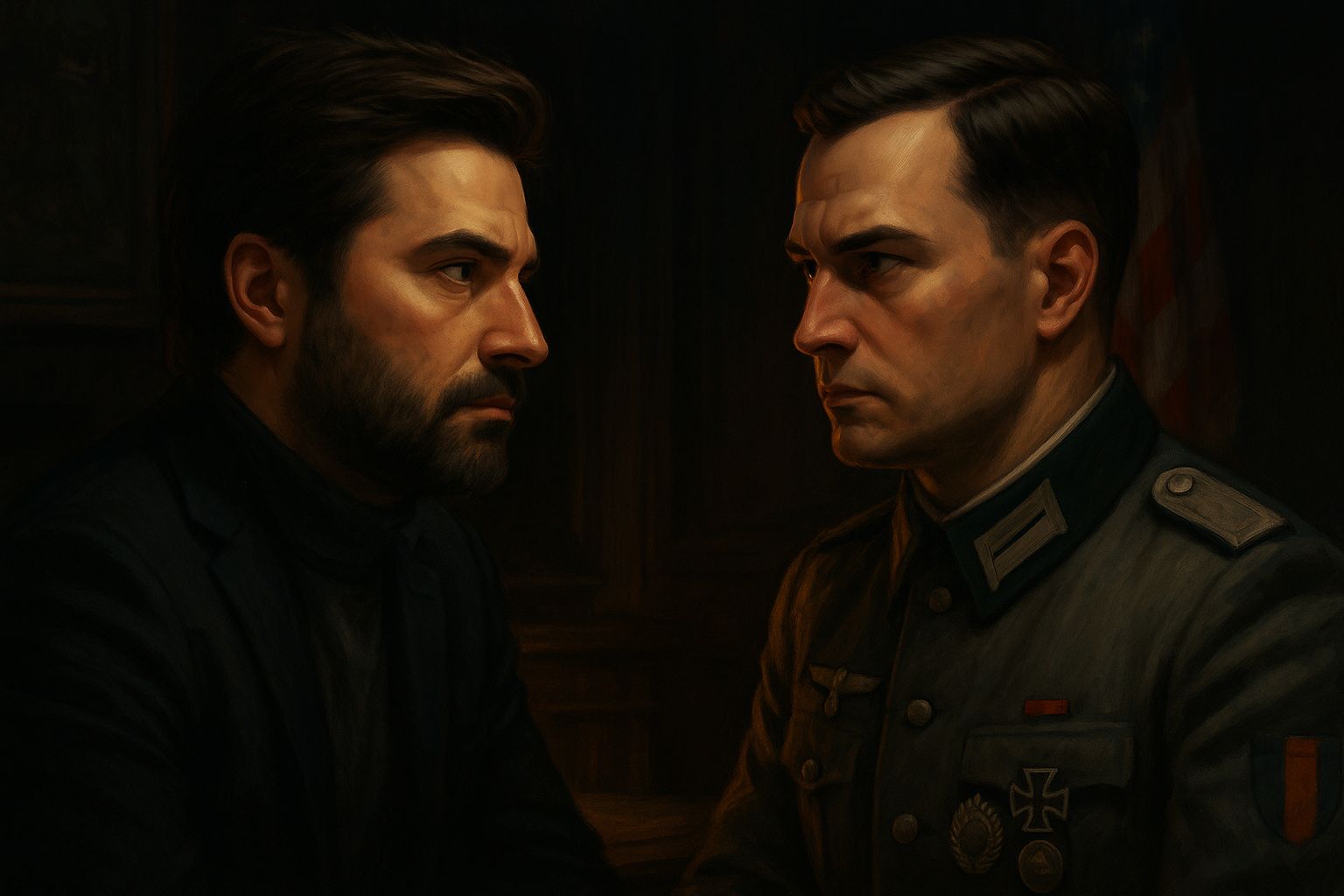 Illustration sombre en paysage : un homme en costume moderne face à un officier des années 40.