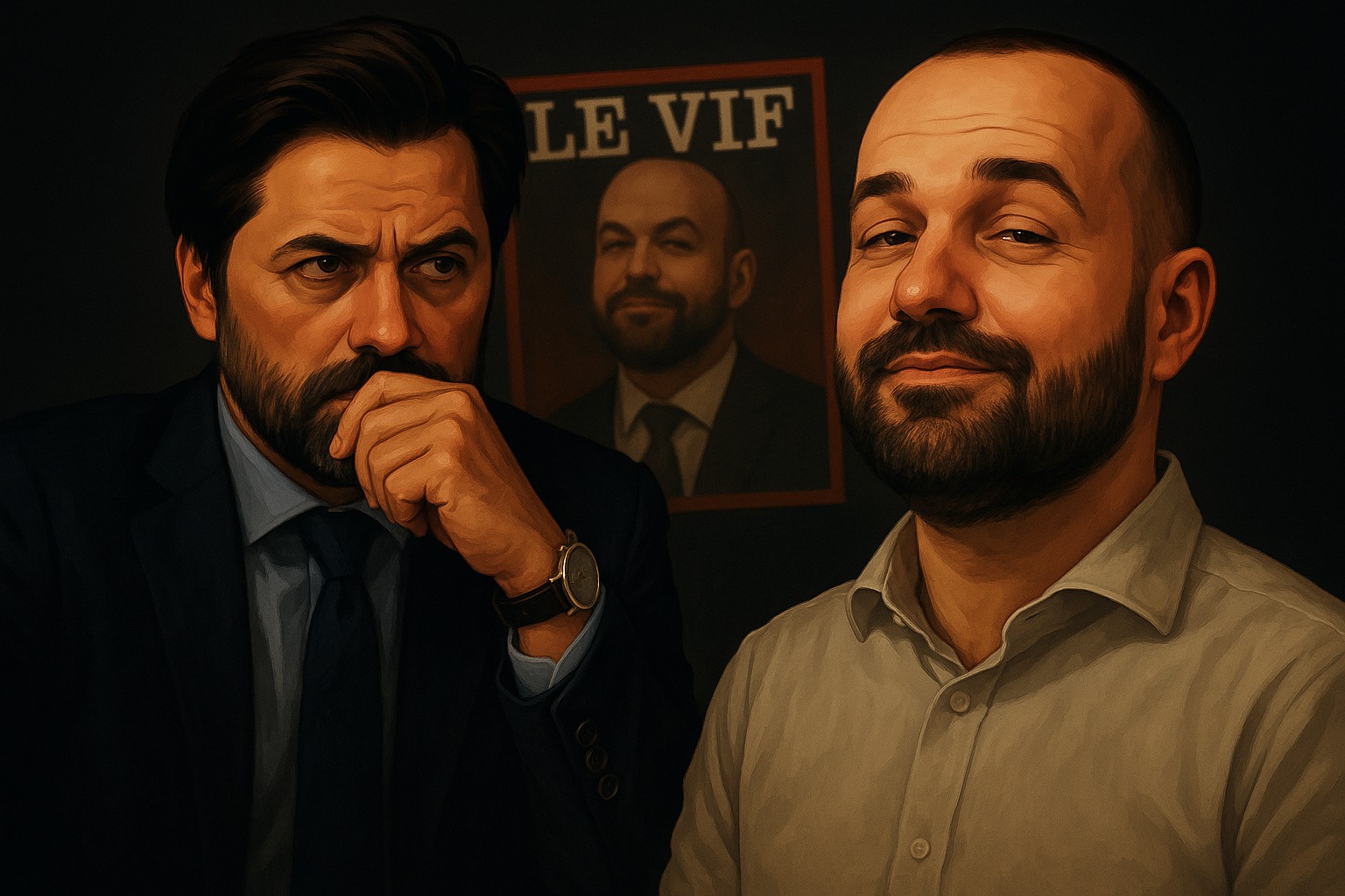 Georges‑Louis Bouchez et Vincent Flibustier, illustration sombre en mode caricature, liée à l’affaire Le Vif et au journalisme militant en Belgique.