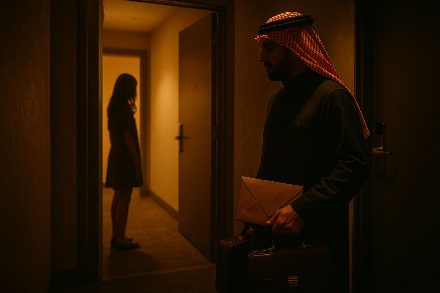 Couloir d’hôtel sombre : homme saoudien avec keffieh face à la silhouette d’une jeune femme dans l’embrasure d’une porte