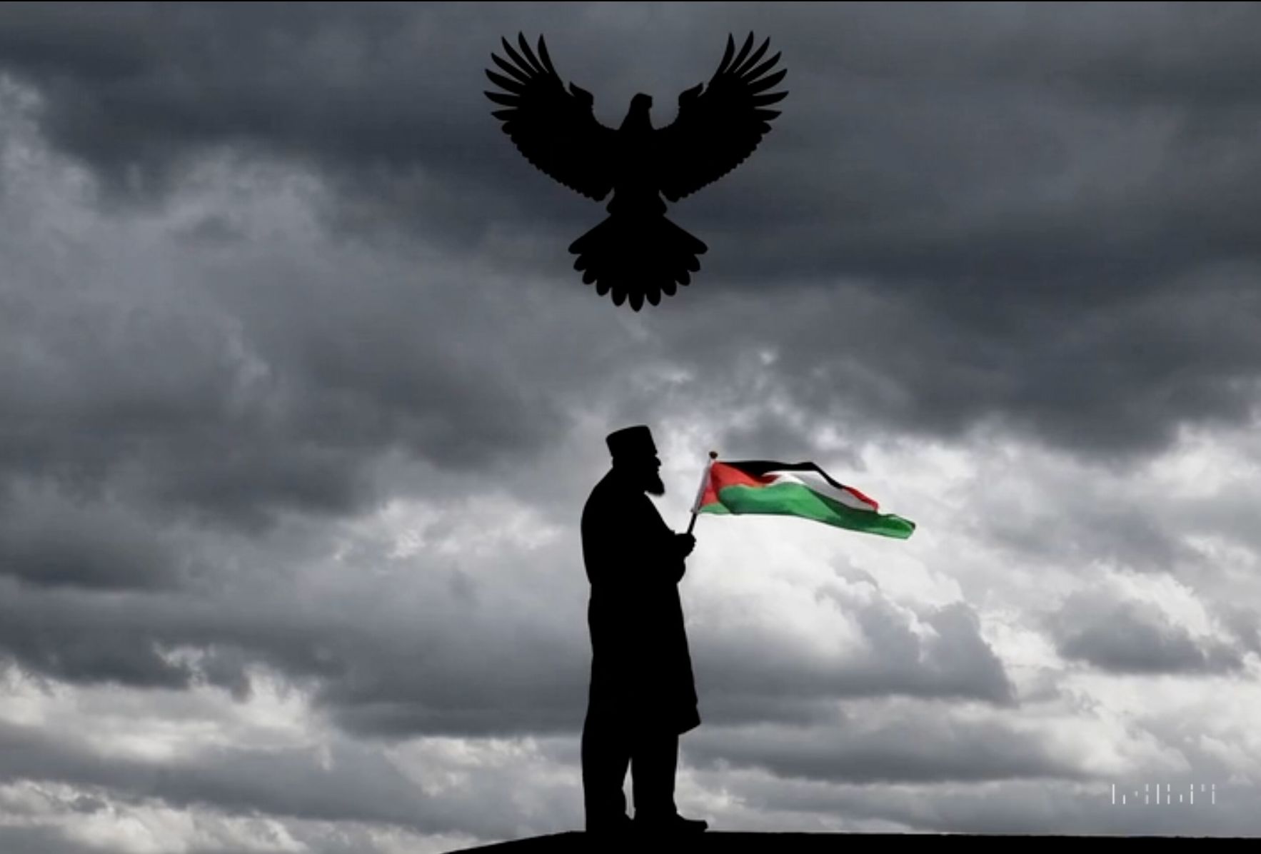 Mufti de Jérusalem tenant un drapeau palestinien
