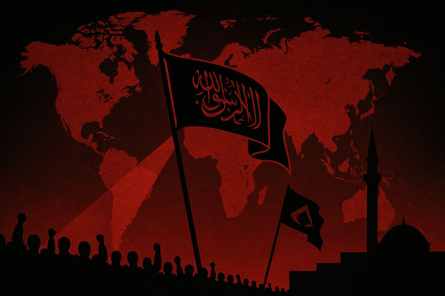 Affiche de propagande sombre représentant l’expansion mondiale de l’islamisme