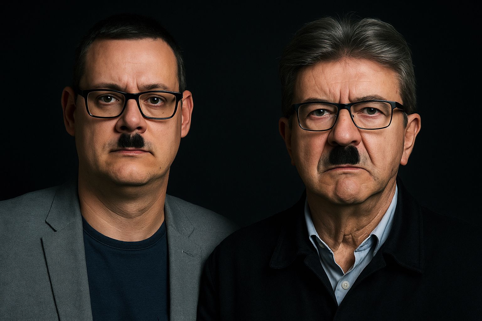Raoul Hedebouw et Jean-Luc Mélenchon avec moustache Hitler